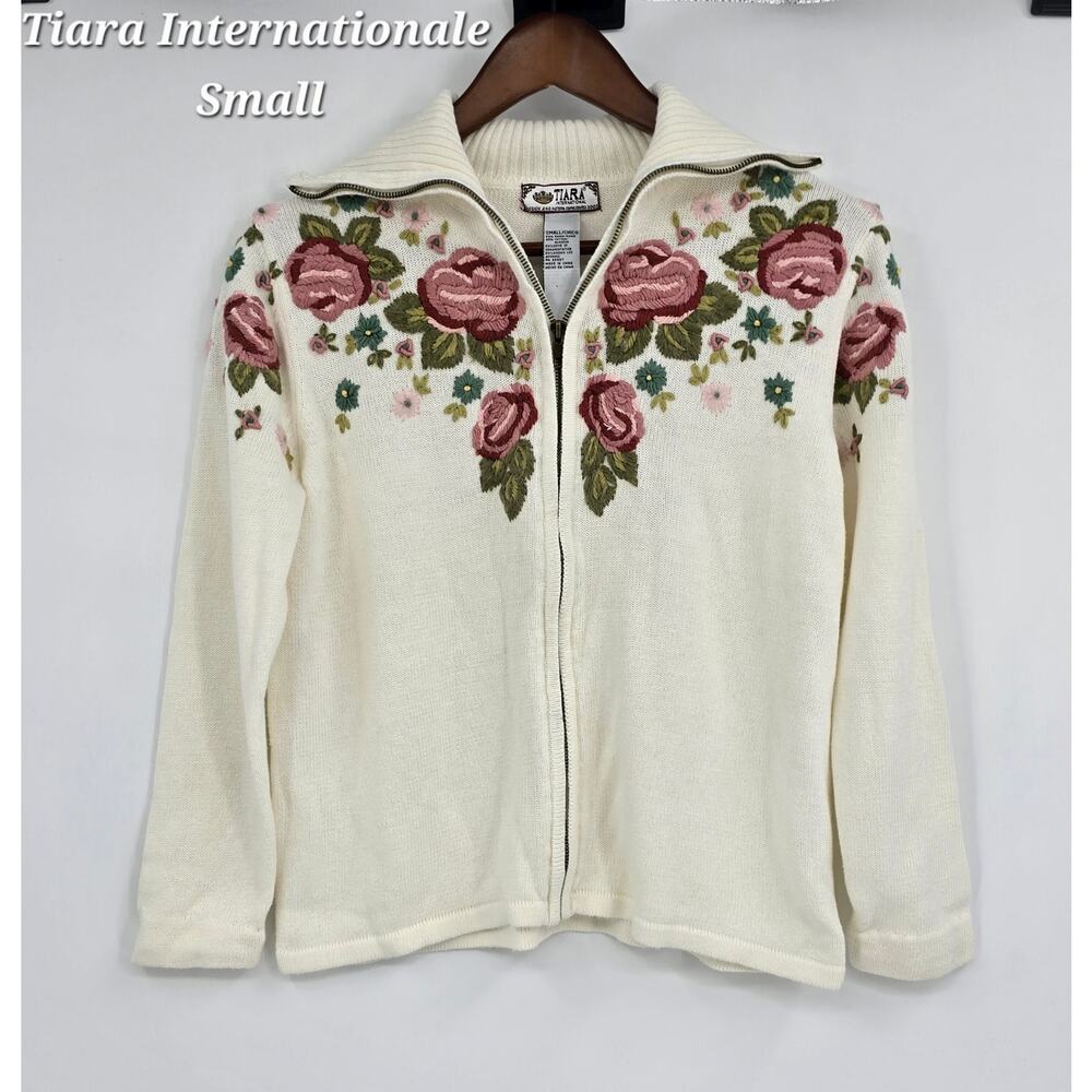 Tiara International Embroidered Floral Zip Sweater Ivory Cottagecore Y2K – S